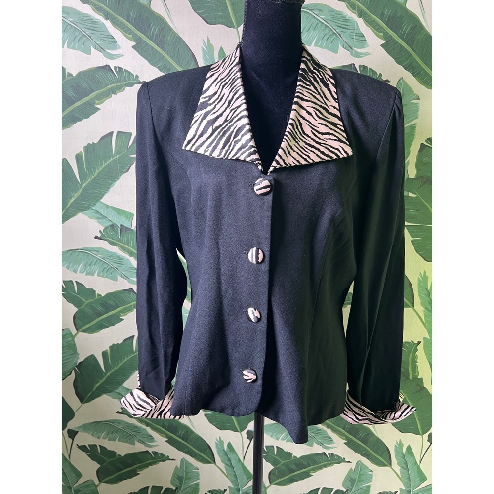 John Roberts Blazer Jacket Women 14 Black Zebra Print Collar
